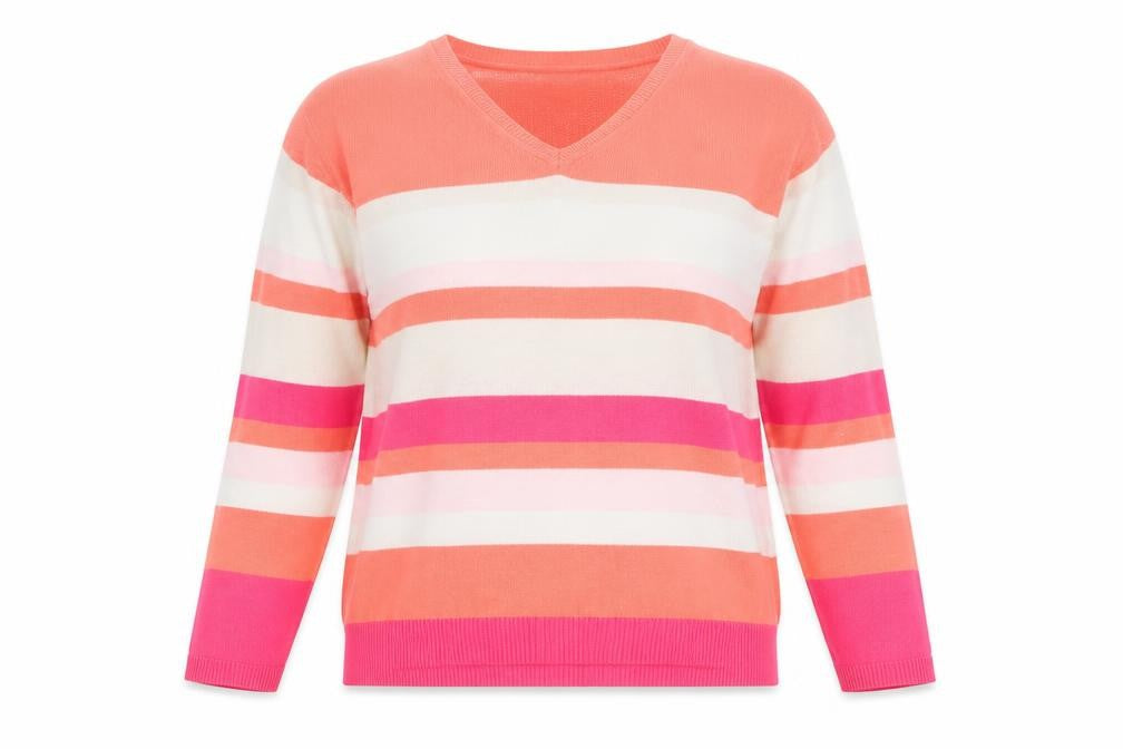 Front view of Marks & Spencer women’s multicoloured v-neck striped viscose jumper, size UK 10