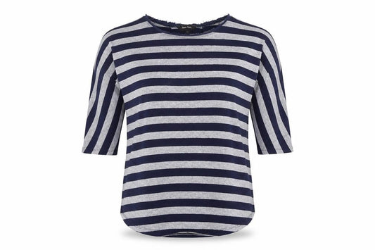 Front view of Phase Eight women’s multicoloured round neck striped polyester jumper, size UK 10