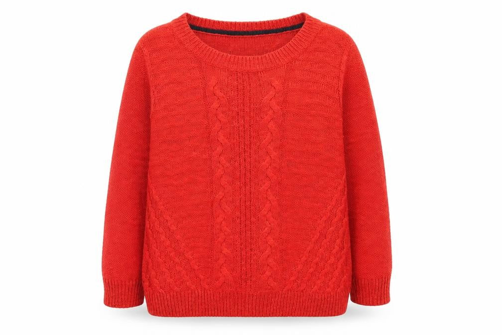 Front view of Per Una women’s red round neck cotton jumper, size UK 12