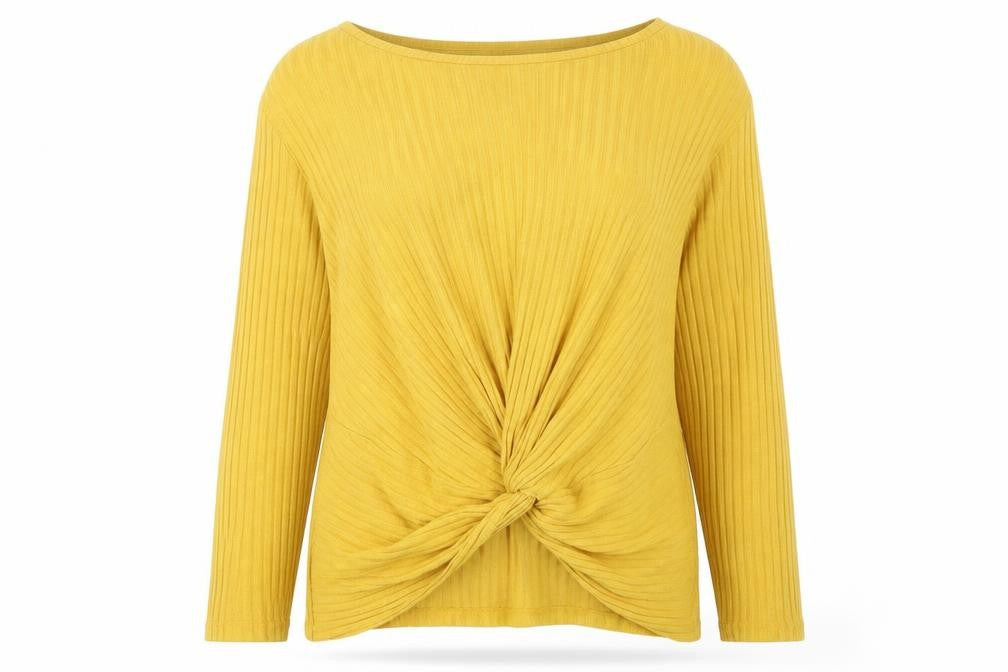 Front view of New Look women’s yellow round neck viscose jumper, size UK 8
