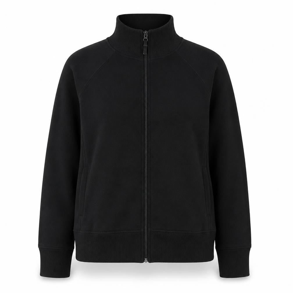 Front view of Bonmarché women’s black mock neck polyester full zip jumper, size UK 8