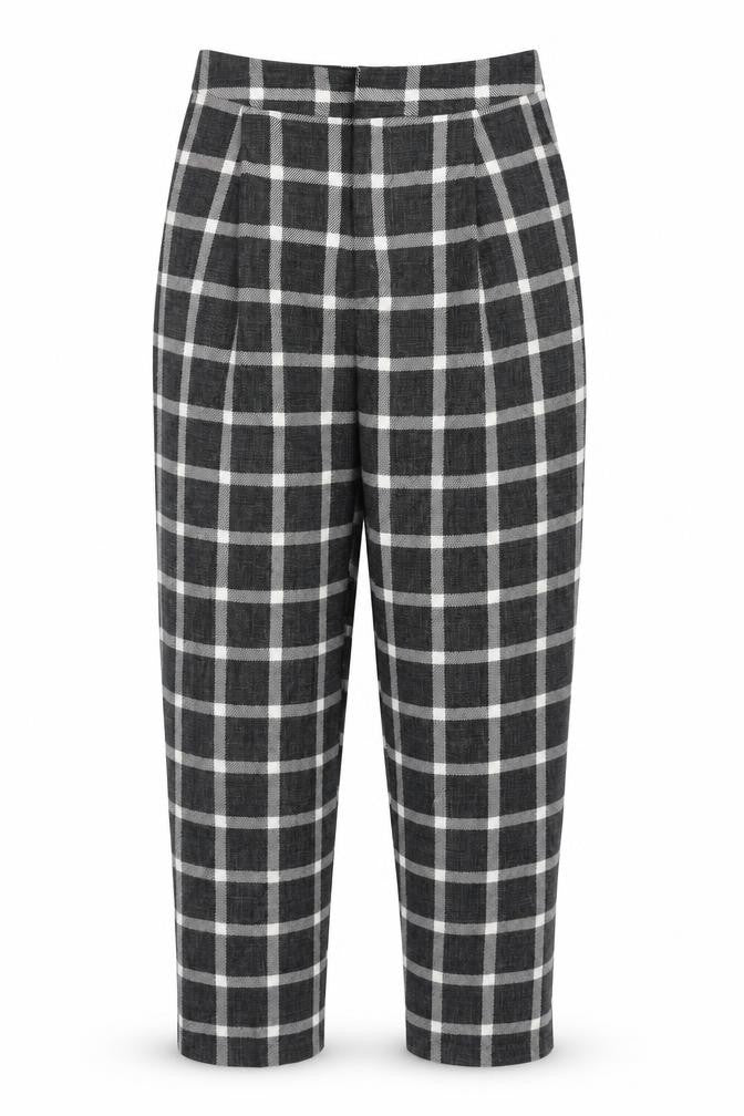 Front view of Light Before Dark women’s grey check polyester carrot trousers, size UK 6, 26-inch leg regular zip