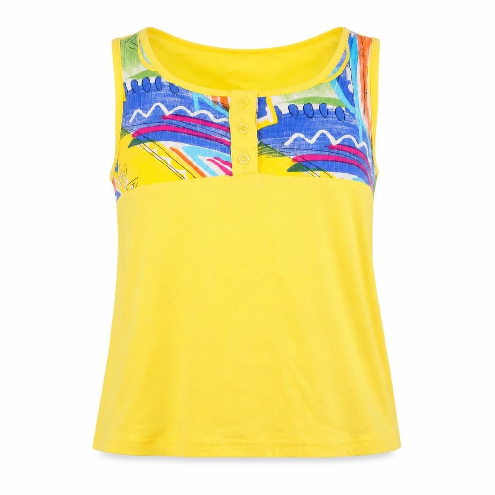 Front view of Slimma women’s yellow geometric viscose basic tank, size UK 10, square neck