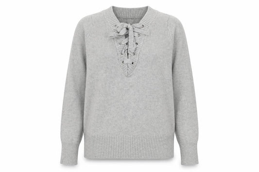 Front view of SOHO women’s grey v-neck cotton jumper, size UK 10