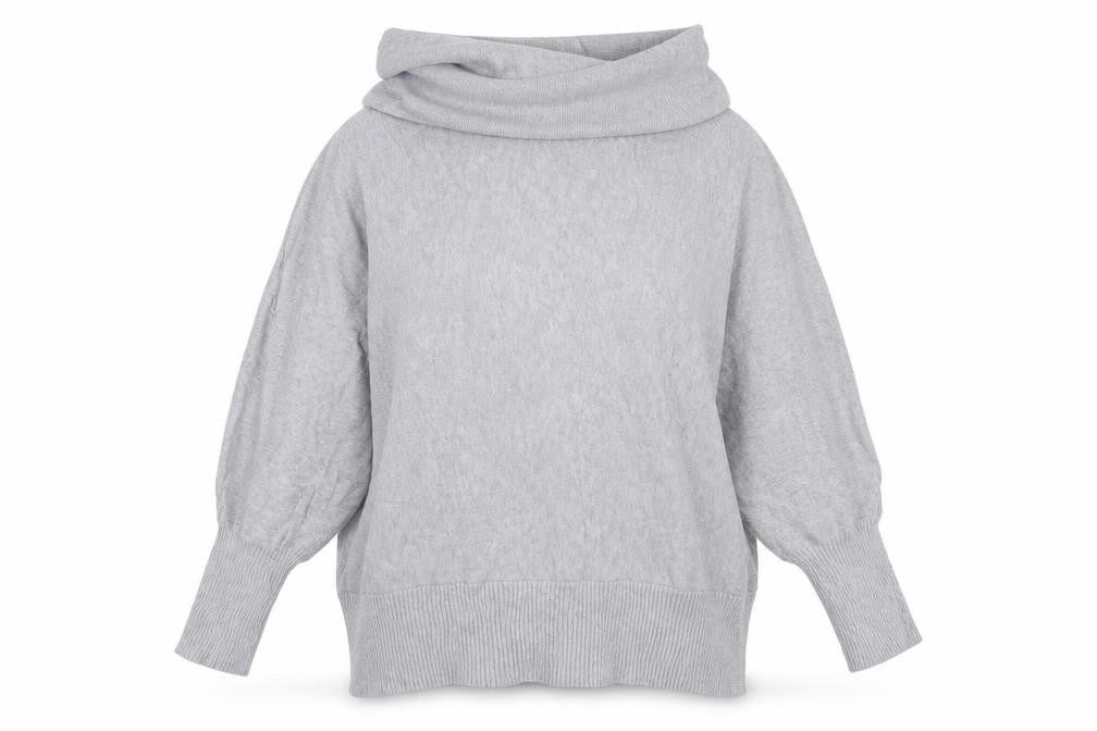 Front view of MARBLE women’s grey roll neck 100% cotton jumper, size UK 10
