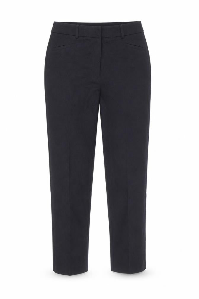 Front view of Country Casuals women’s blue polyester carrot trousers, size UK 12, 29-inch leg regular zip