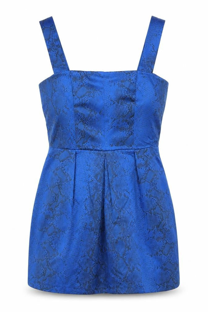 Front view of ASOS women’s blue animal print polyester basic blouse, size UK 12, square neck - snakeskin print