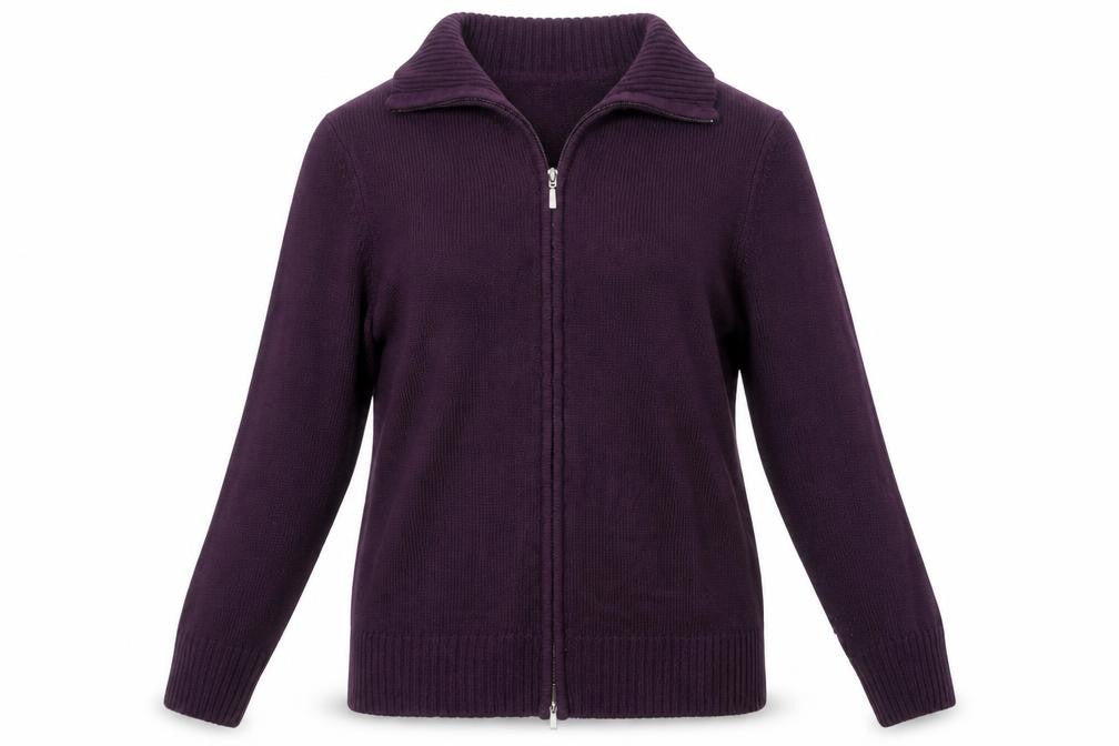 Front view of AproductZ women’s purple collared acrylic jumper, size UK 16