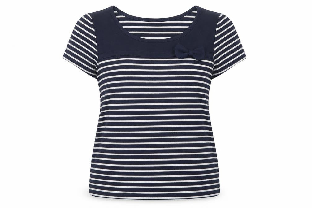 Front view of Arista women’s blue striped polyester basic t-shirt, size UK 14, boat neck