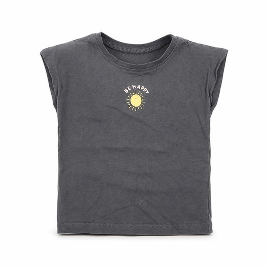 Front view of George Baby Grey Cotton Basic T-Shirt, size 9-12, Months Crew Neck Pullover - Be Happy