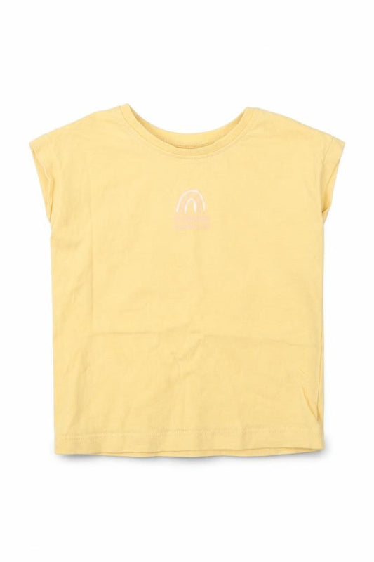 Front view of George Baby Yellow Cotton Basic T-Shirt, size 9-12, Months Crew Neck Pullover - Rainbows And |Smiles