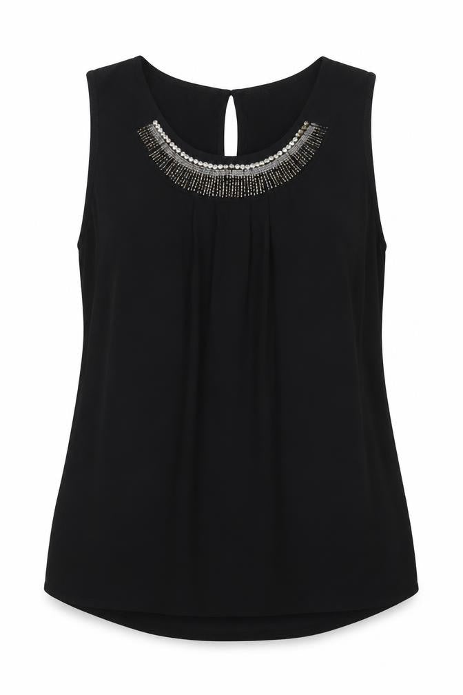 Front view of Vero Moda women’s black polyester basic blouse, size L, scoop neck - embellished neckline