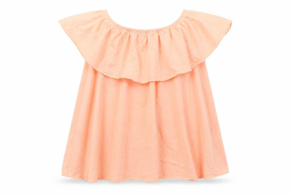 Front view of Candy Couture girls’ orange polyester basic t-shirt, size 12, years off the shoulder
