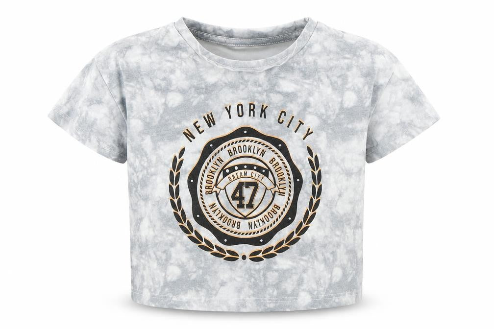 George Girls Grey  Cotton Cropped T-Shirt Size 5-6 Years Crew Neck  - Tie Dy, New york