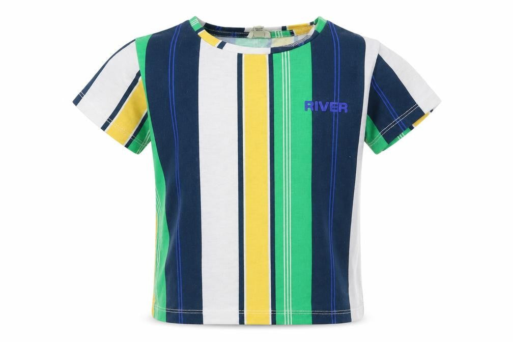 Front view of River Island boys’ multicoloured striped polyester basic t-shirt, size 2-3, years crew neck