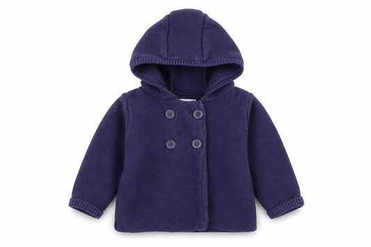 Front view of Mini Club girls’ blue cotton cardigan jumper, size 6-9, months button