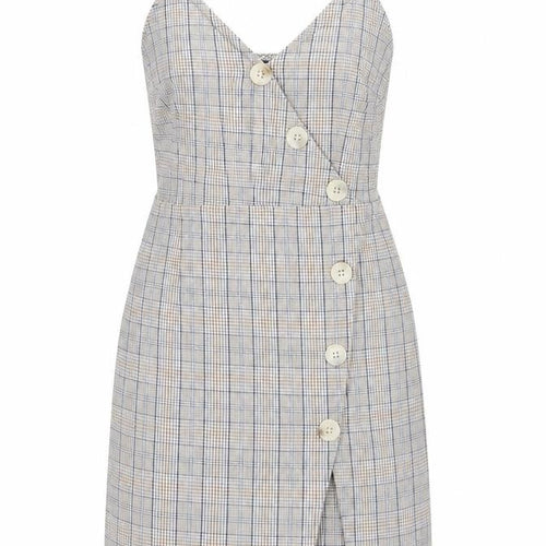 QED London Womens Beige Plaid Cotton Pencil Dress  Size 12  V-Neck Zip