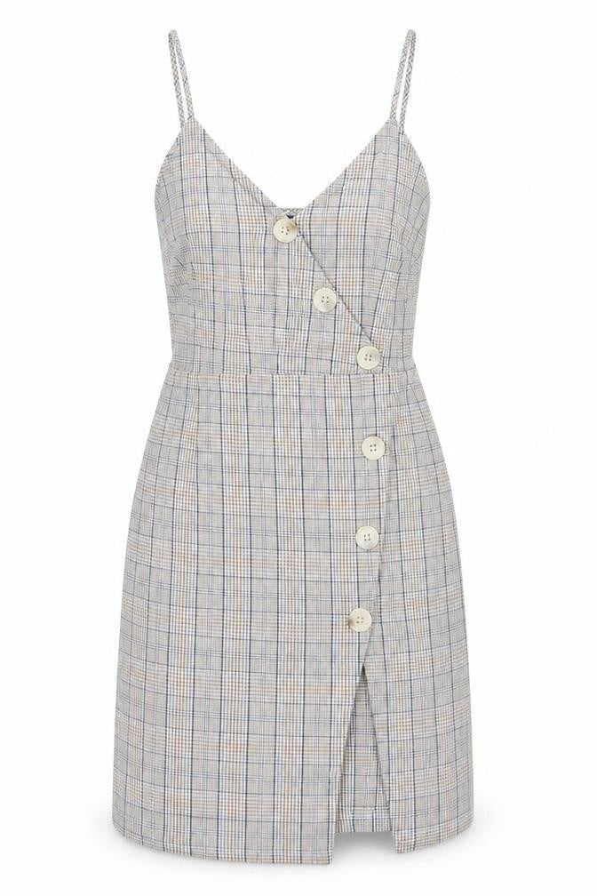 QED London Womens Beige Plaid Cotton Pencil Dress  Size 12  V-Neck Zip