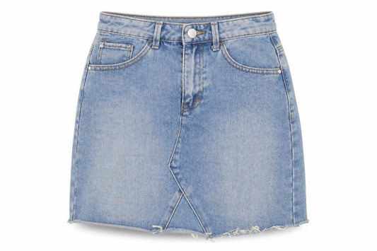 Front view of Denim Co women’s blue cotton a-line skirt, size UK 6, button