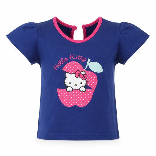 BHS Girls Blue  100% Cotton Pullover T-Shirt Size 12-18 Months Round Neck Button - Hello Kitty