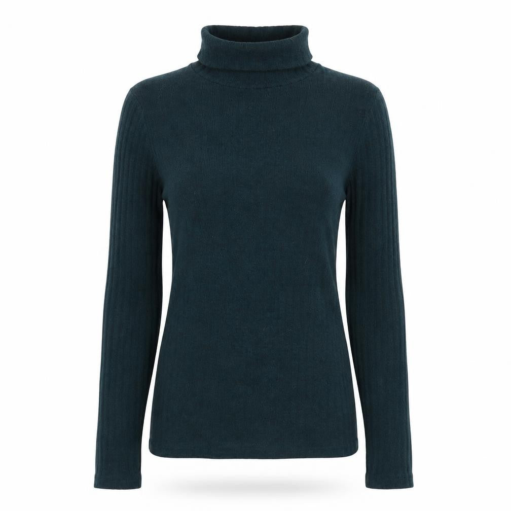Front view of LTS Basics women’s green roll neck polyester jumper, size XS