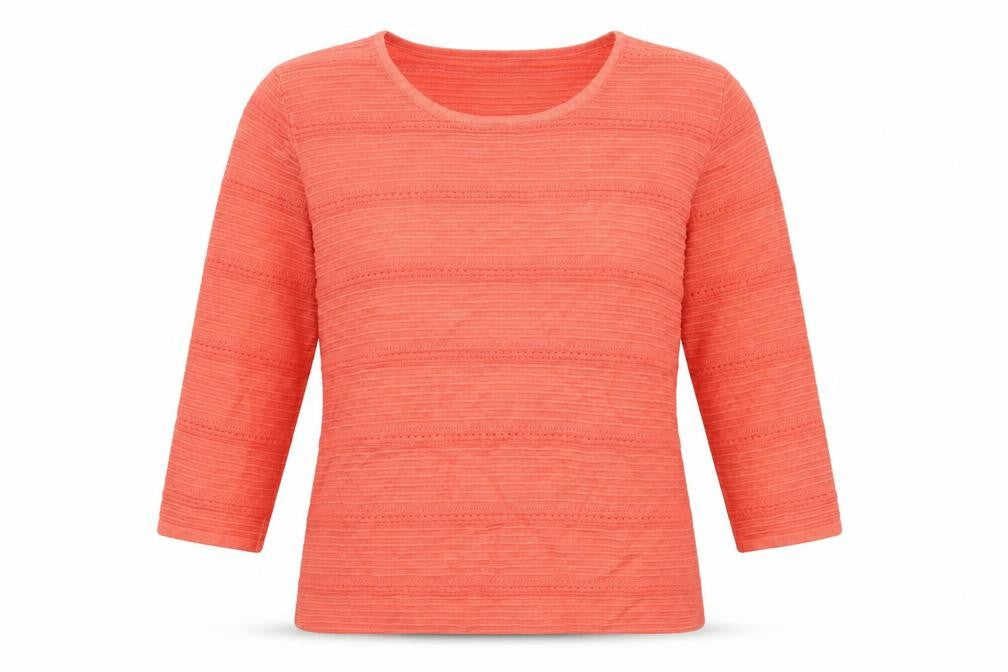 Front view of Preworn women’s pink crew neck striped viscose jumper, size M