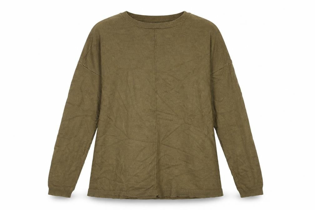 Front view of Atmosphere women’s green crew neck polyamide jumper, size UK 10