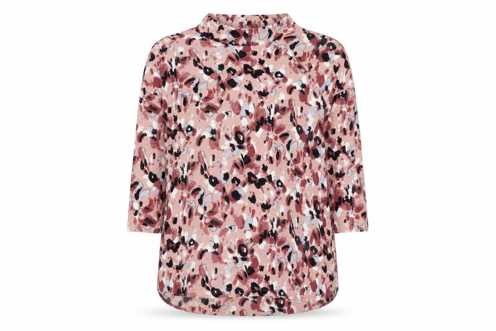 Front view of Marks & Spencer women’s pink high neck floral polyester jumper, size UK 8