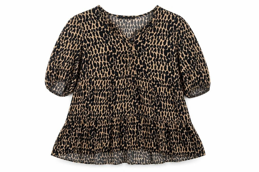 Front view of F&F women’s multicoloured animal print viscose basic blouse, size UK 8, v-neck