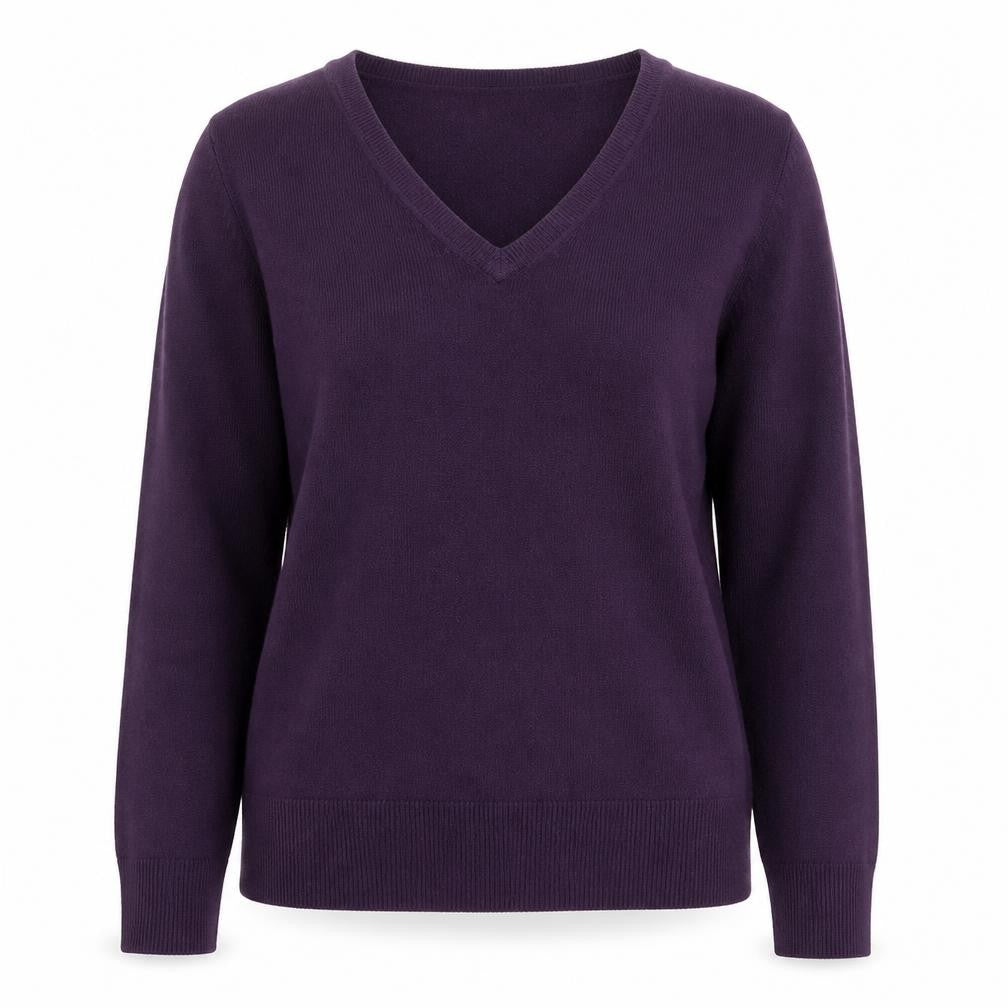 Front view of M&Co women’s purple v-neck acrylic jumper, size UK 6