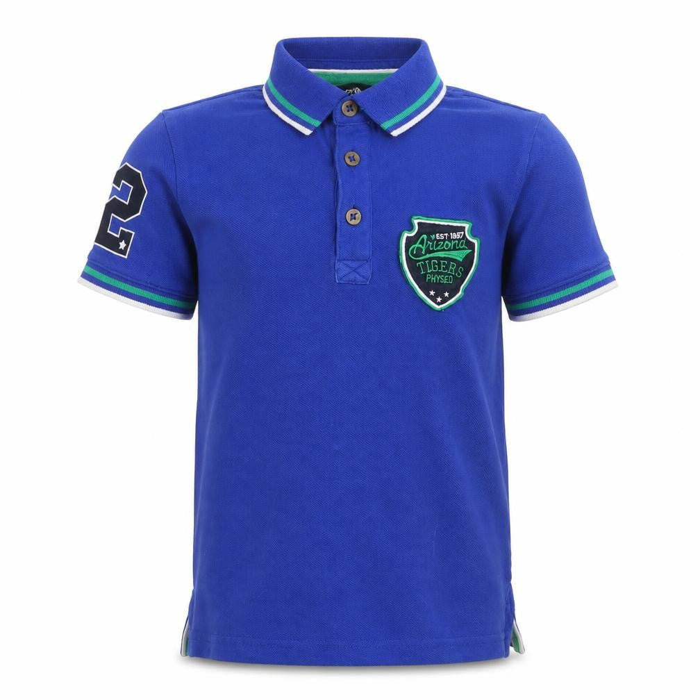 Front view of George boys’ blue 100% cotton pullover polo, size 6-7, years collared button