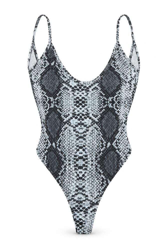 Front view of PRETTYLITTLETHING women’s grey animal print polyester bodysuit one-piece, size UK 8, snap
