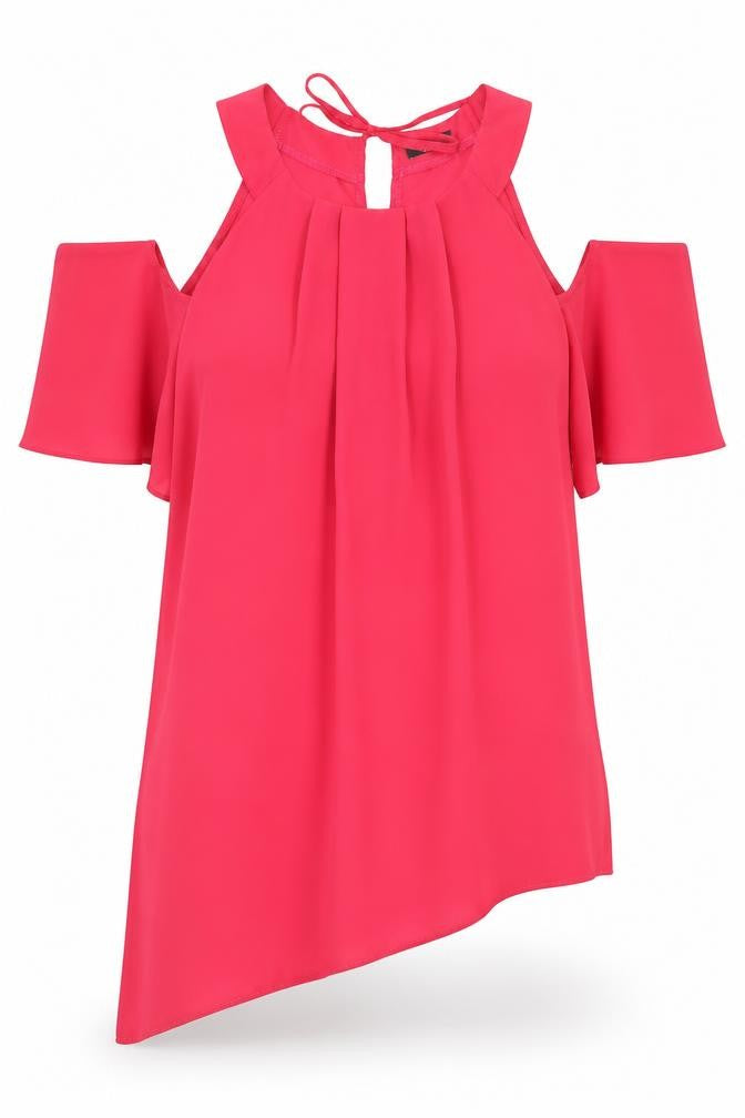 Front view of F&F women’s pink polyester basic blouse, size UK 10, round neck - asymmetric
