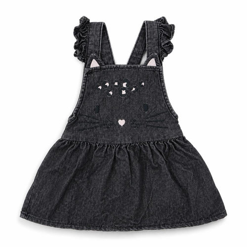 F&F Girls Black  100% Cotton Pinafore/Dungaree Dress  Size 9-12 Months  Square Neck Button