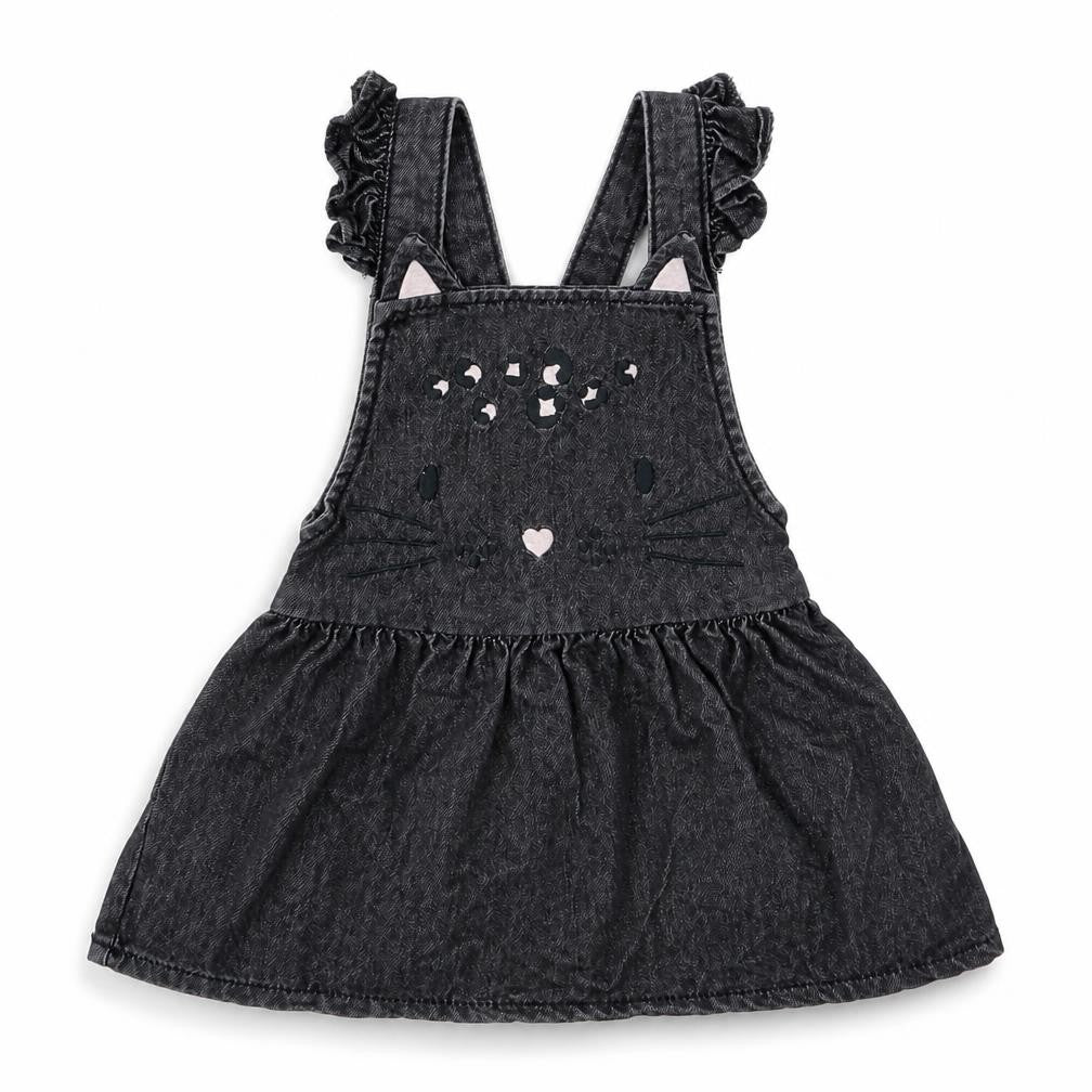 F&F Girls Black  100% Cotton Pinafore/Dungaree Dress  Size 9-12 Months  Square Neck Button