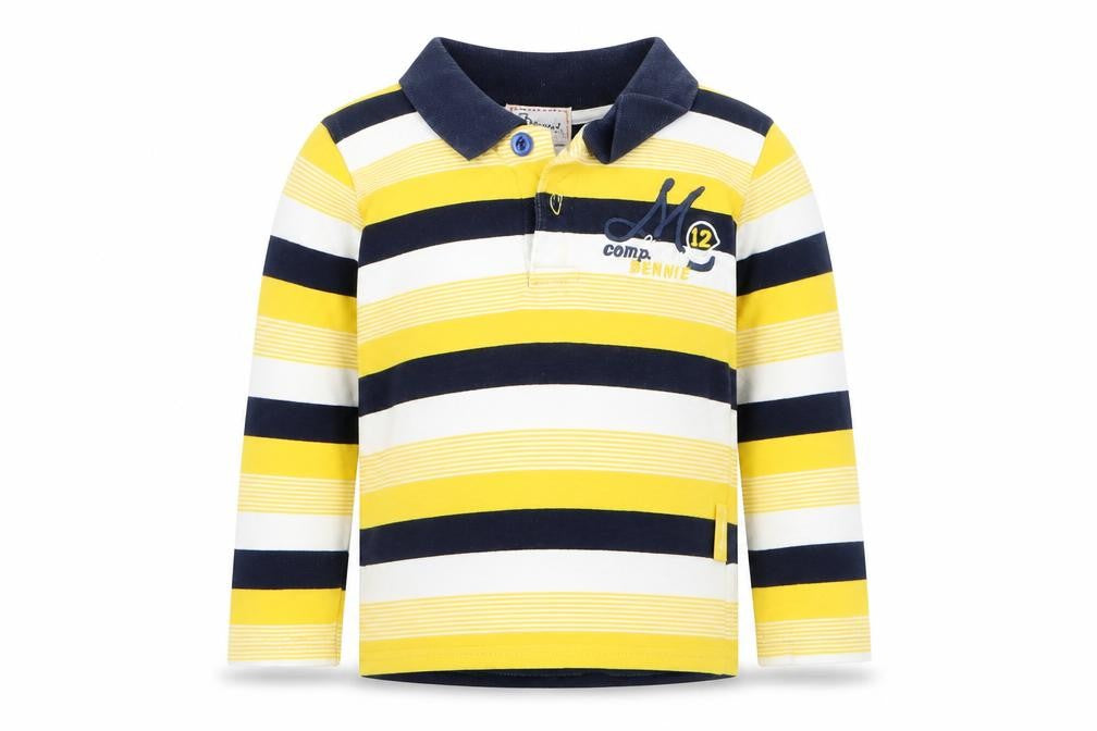 Front view of Bennie Kids boys’ yellow striped cotton basic polo, size 2, years collared button