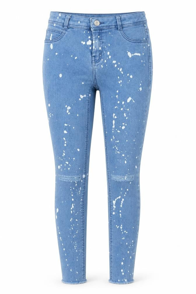 Zara Womens Blue Polka Dot Cotton Skinny Jeans Size 8 L25 in Regular Button - Paint Splatter Print