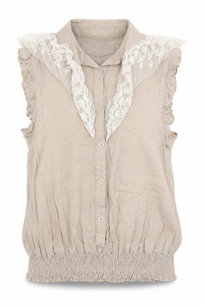 Front view of Apricot women’s beige cotton basic blouse, size M, collared - lace trim