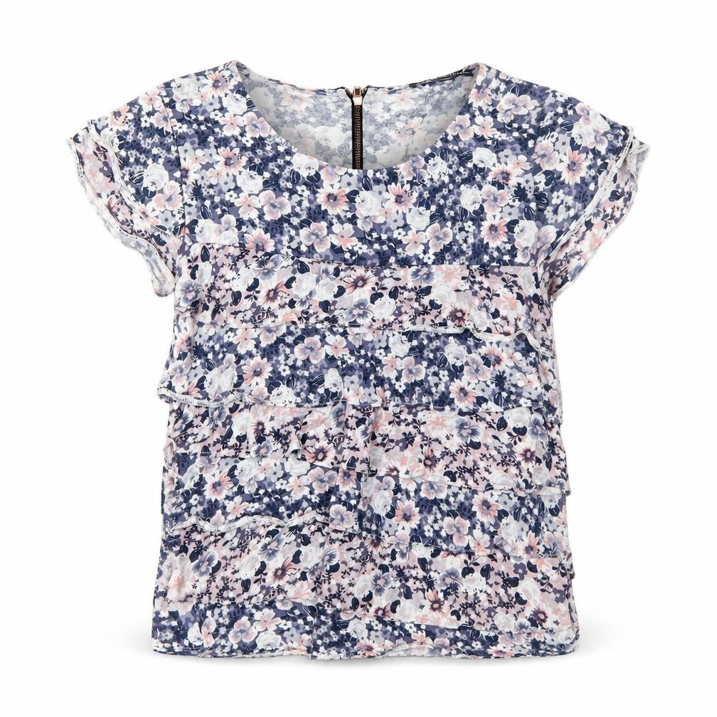 Marks and Spencer Womens Blue Floral Viscose Basic T-Shirt Size 8 Round Neck