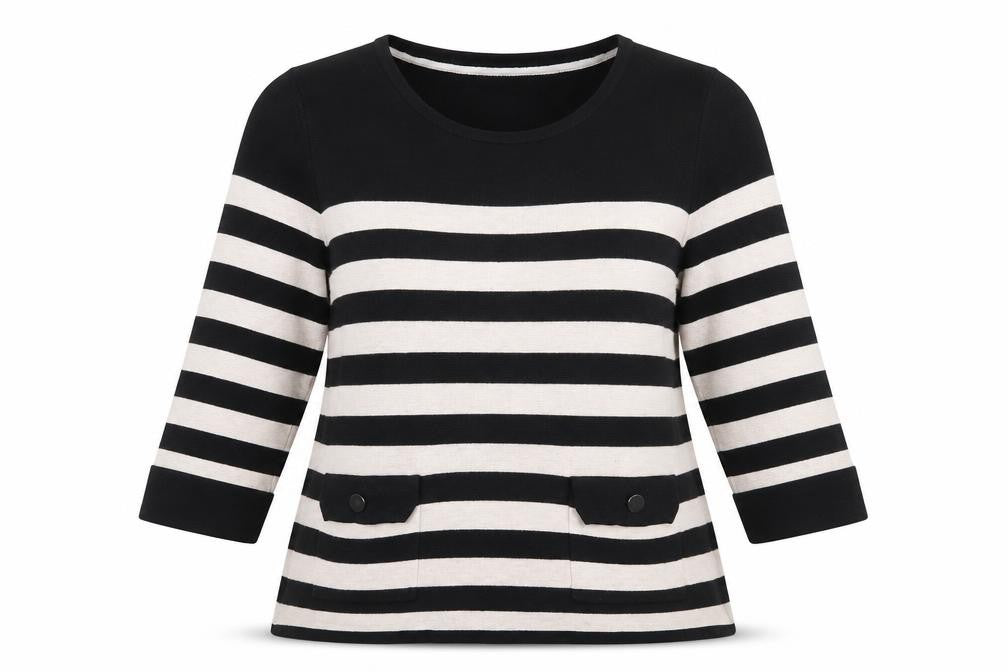 Front view of Marks & Spencer women’s black round neck striped polyamide jumper, size UK 14