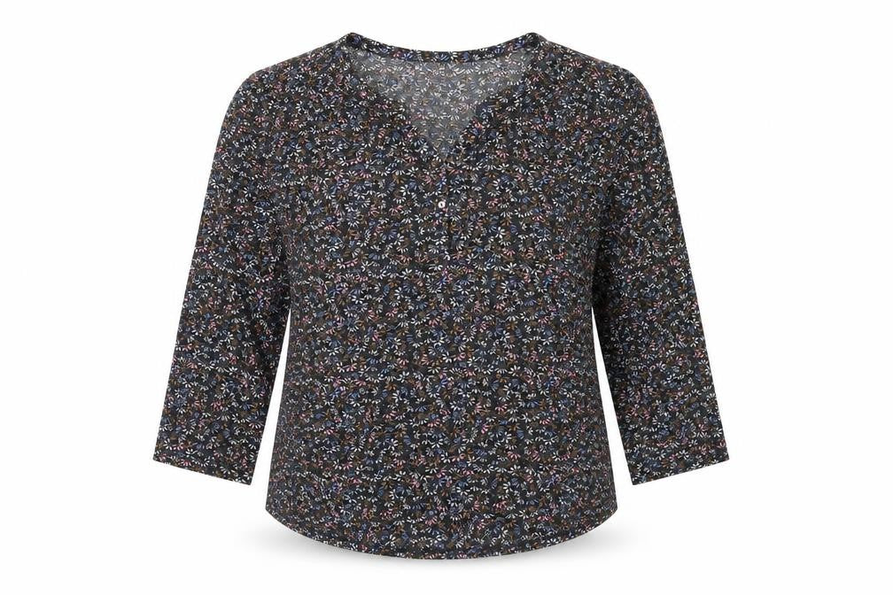 Front view of H&M women’s black floral polyester basic t-shirt, size S, round neck