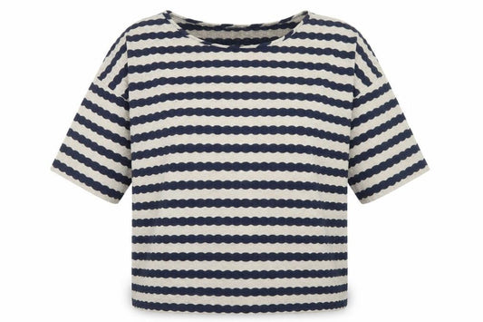 Front view of Oasis women’s beige striped polyester basic t-shirt, size M, round neck
