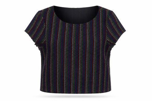 Front view of Primark women’s multicoloured striped nylon cropped blouse, size S, round neck