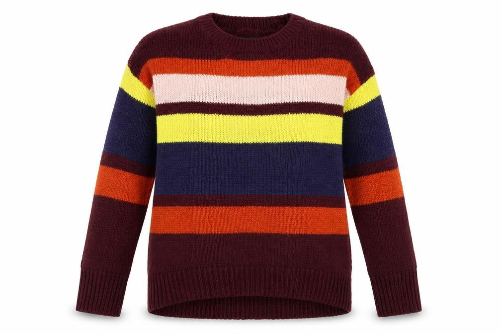 Front view of New Look women’s multicoloured round neck striped acrylic jumper, size S