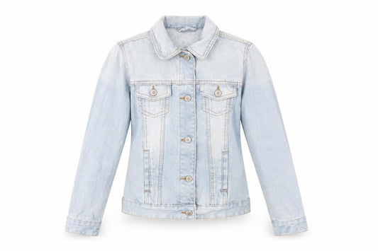 Front view of Denim Co. women’s blue jacket, size UK 4, button