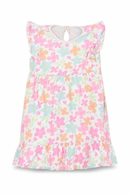 Front view of Dunnes Baby Multicoloured Floral Cotton Fit & Flare, size 18-24, Months Crew Neck Button