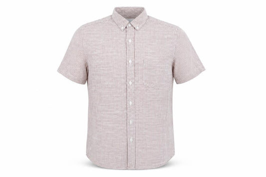 Front view of Topman men’s red striped cotton button-up, size S, collared button