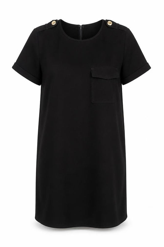 Front view of New Look women’s black polyester shift, size UK 8, crew neck button