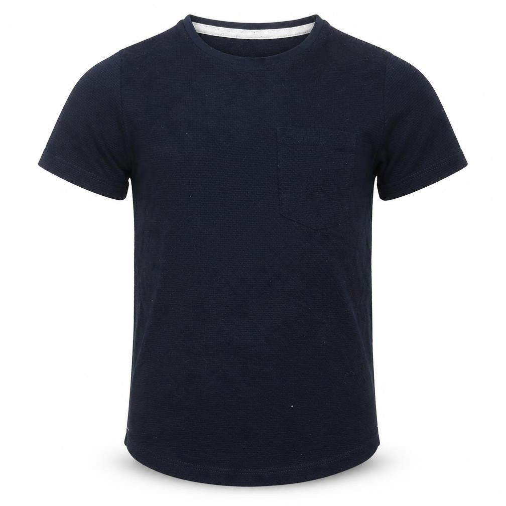 Front view of Next boys’ blue cotton basic t-shirt, size 8, years crew neck pullover