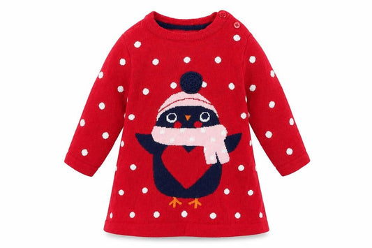 Front view of Early Days girls’ red polka dot cotton jumper, size 0-3, months pullover - penguin